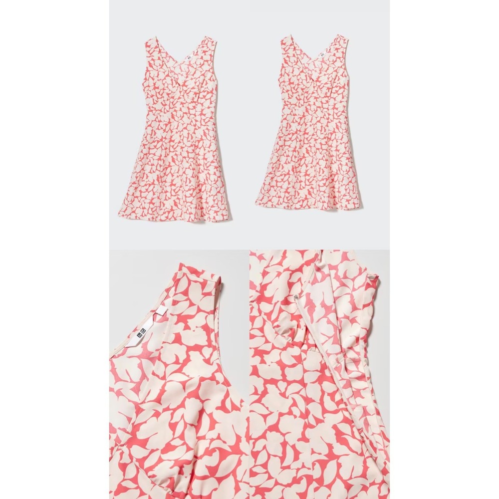 Uniqlo Women Printed V Neck Sleeveless Mini Dress Red Cream Petal 458661 Size S